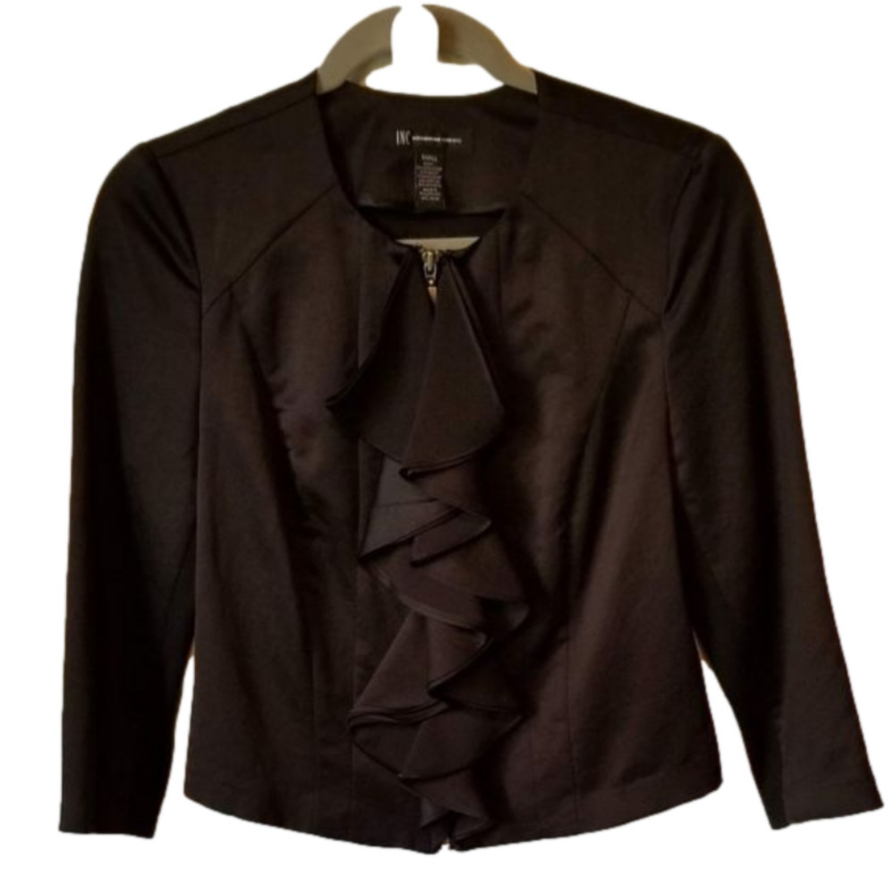 INC Cropped Black Ruffled Jacket Size SMALL EUC